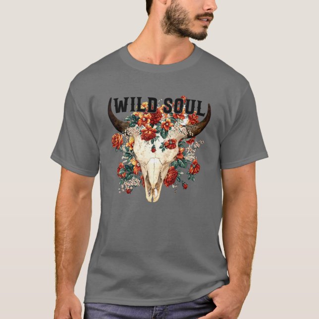 Retro Floral Bull Skull Wild Soul Hippie Western C T-Shirt (Front)