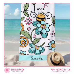 Retro Floral Bumble Bee Personalised Beach Towel