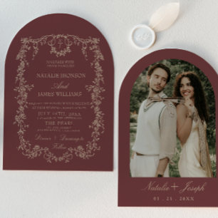 Retro Floral Burgundy Heels Arched Photo Wedding Invitation