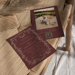 Retro Floral Burgundy Heels Photo QR Code Wedding Invitation