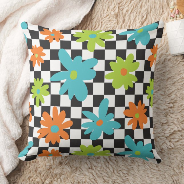 Retro Floral Chequerboard Grid Pattern Cushion (Blanket)