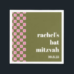 Retro Floral Chequerboard Pink Green Bat Mitzvah  Napkin<br><div class="desc">Custom Retro Floral Chequerboard Pink and Green Bat Mitzvah Napkins</div>