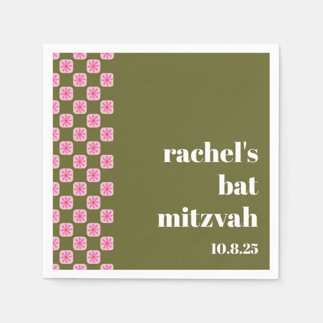 Retro Floral Chequerboard Pink Green Bat Mitzvah  Napkin (Front)