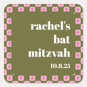 Retro Floral Chequerboard Pink Green Bat Mitzvah  Square Sticker