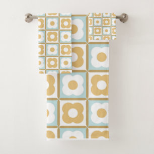 Retro Floral Chequered Pattern Aqua, Gold Yellow Bath Towel Set