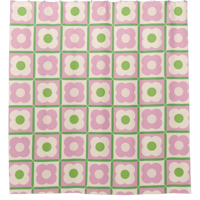 Retro Floral Chequered Pattern Pink and Green Shower Curtain (Front)