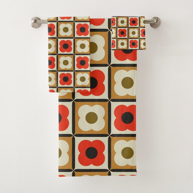 Retro Floral Chequered Pattern Red, Burnt Orange Bath Towel Set (Insitu)