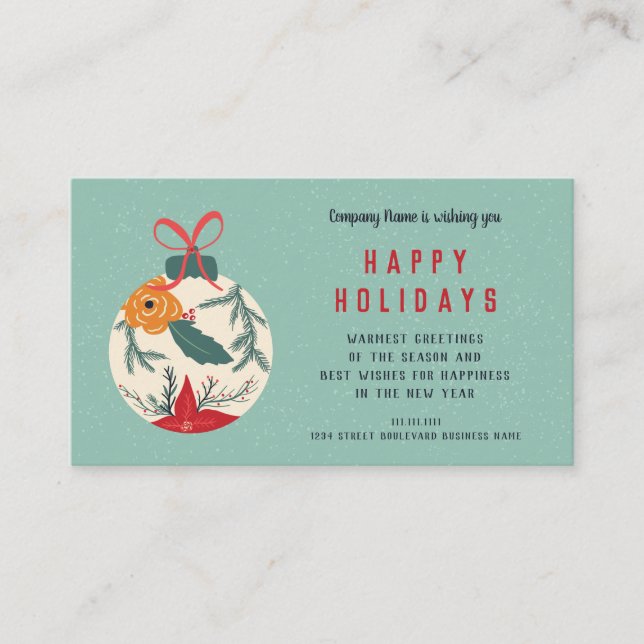 Retro floral Christmas ball ribbon corporate wish Business Card (Front)