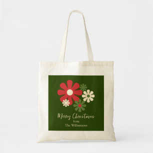 Retro Floral Christmas Flowers Red Green Name Tote Bag
