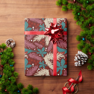Retro Floral Christmas Red Teal Pattern Wrapping Paper