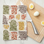 Retro Floral Coffee Pots and Cups Tea Towel<br><div class="desc">A retro,  mid-century modern style pattern of floral coffee pots and mug silhouette shapes. Inspired by vintage Scandinavian design. Colours include olive,  terracotta,  gold and brown. Original,  hand-drawn art by Carey Copeland.</div>