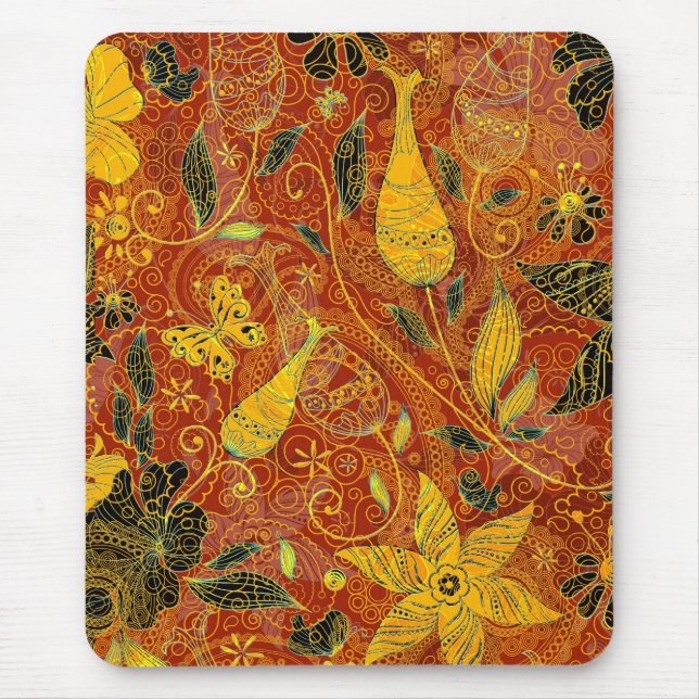 Retro Floral Collage-Yellow & Red Mouse Pad (Front)