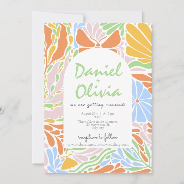 Retro Floral Colourful Frame Wedding Invitation (Front)