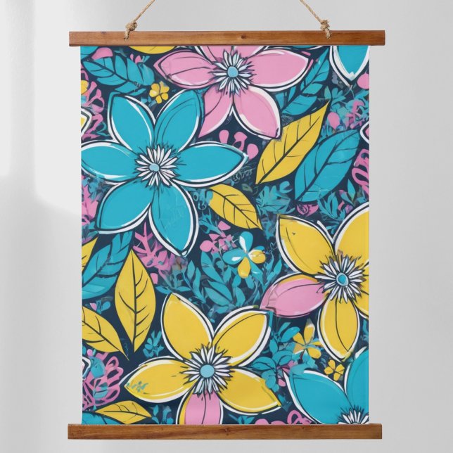 Retro Floral Colourful Nature Boho Hanging Tapestry (A colorful wall hanging with flowers and leaves design in a groovy style, in pink, blue and yellow)