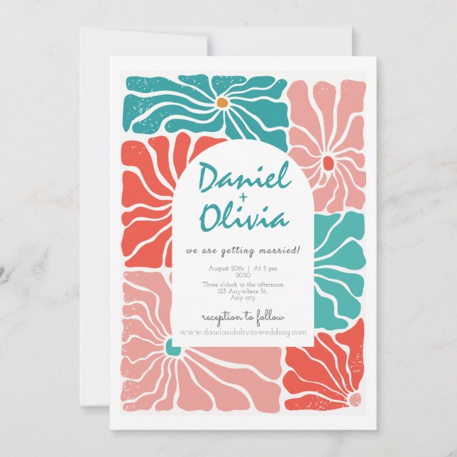 Retro Floral Colourful Wedding Invitation (Front)