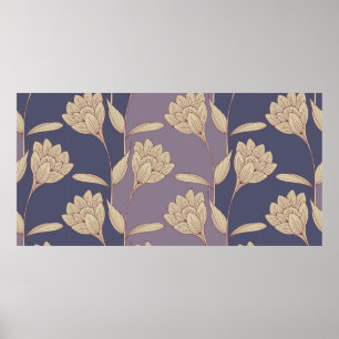 retro floral crocus wallpaper tile in blue mauve s poster