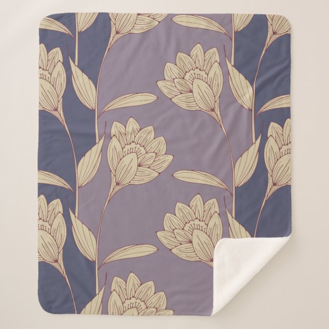 retro floral crocus wallpaper tile in blue mauve s sherpa blanket (Front)