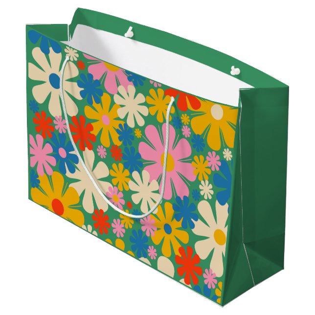 Retro Floral Cute and Colourful Flower Pattern Large Gift Bag (Back Angled)