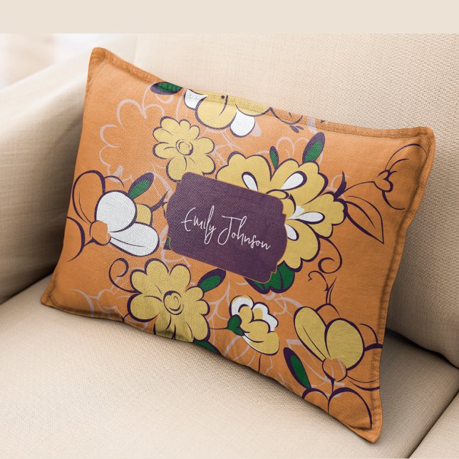 Retro Floral Daisy Orange Autumn Custom Name Decorative Cushion (Retro Floral Daisy Orange Autumn Custom Name Accent Pillow)