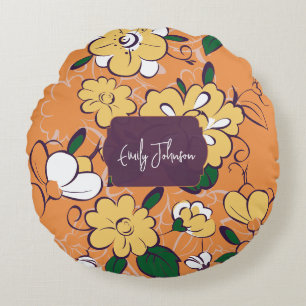 Retro Floral Daisy Orange Autumn Custom Name Round Cushion