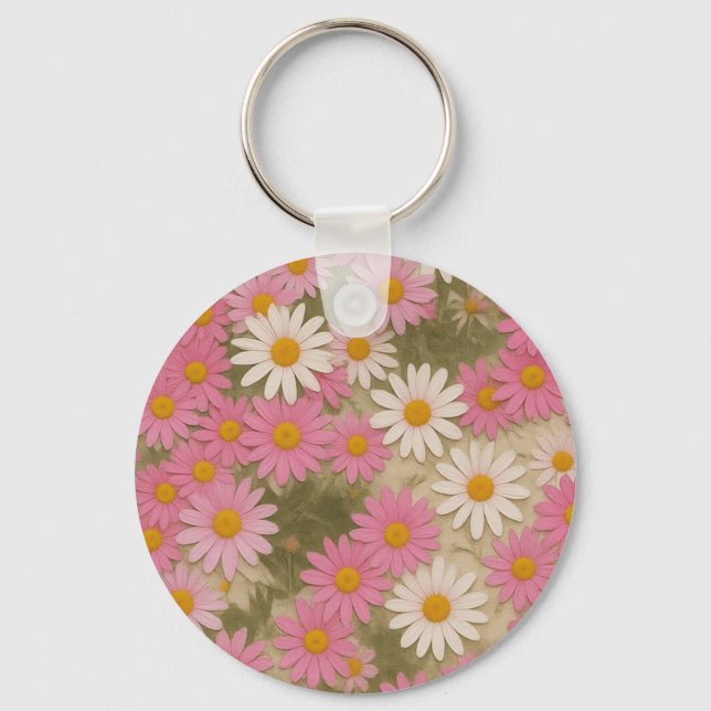 Retro Floral Daisy Pattern Aesthetic Design Key Ring (Front)