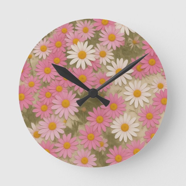 Retro Floral Daisy Pattern Aesthetic Design Round Clock (Front)