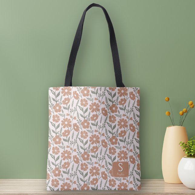Retro Floral Daisy Pattern Monogram Name  Tote Bag (Creator Uploaded)