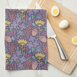 Retro floral design with flowers and fruits. tea towel