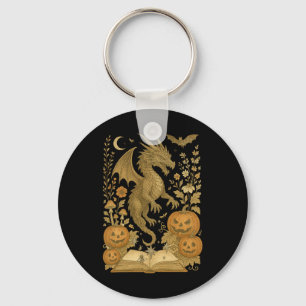 Retro Floral Dragon Book Pumpkin Spooky Reading Ha Key Ring