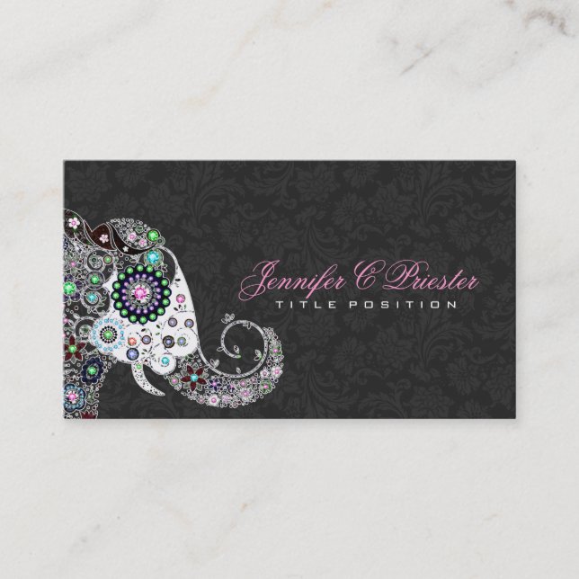 Retro Floral Elephant & Black Damasks Business Card (Front)