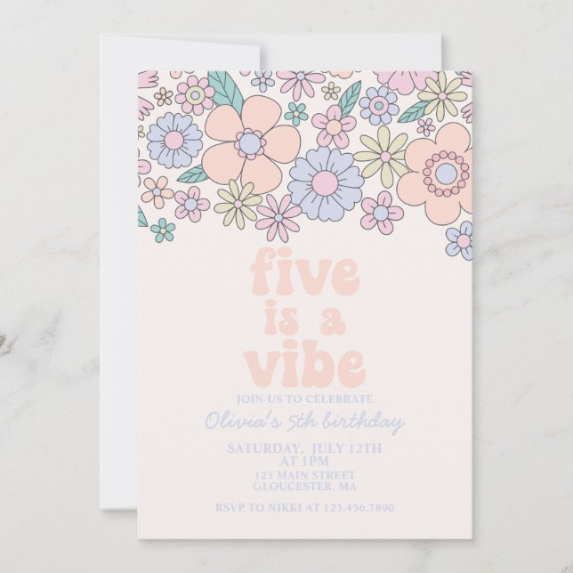 Retro Floral Five is a Vibe 5th birthday Invitation (Front)