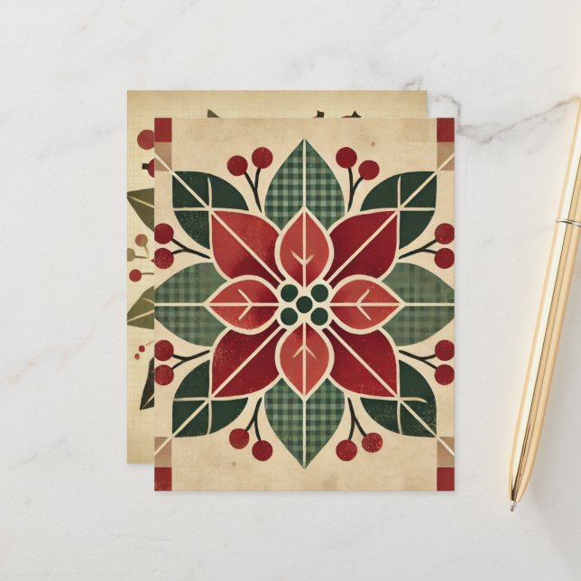 Retro Floral Folk Art Poinsettia Scrapbook Paper (Front/Back In Situ)