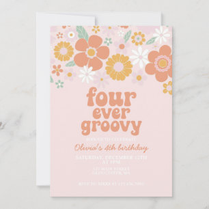 Retro Floral Four Ever Groovy 4th birthday Invitation