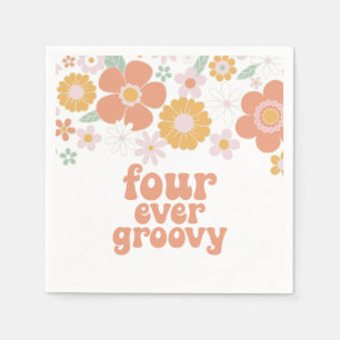 Retro Floral Four ever groovy 4th birthday Napkin