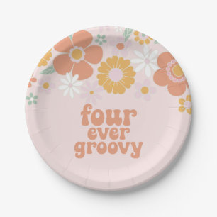 Retro Floral Four ever groovy 4th birthday Paper Plate