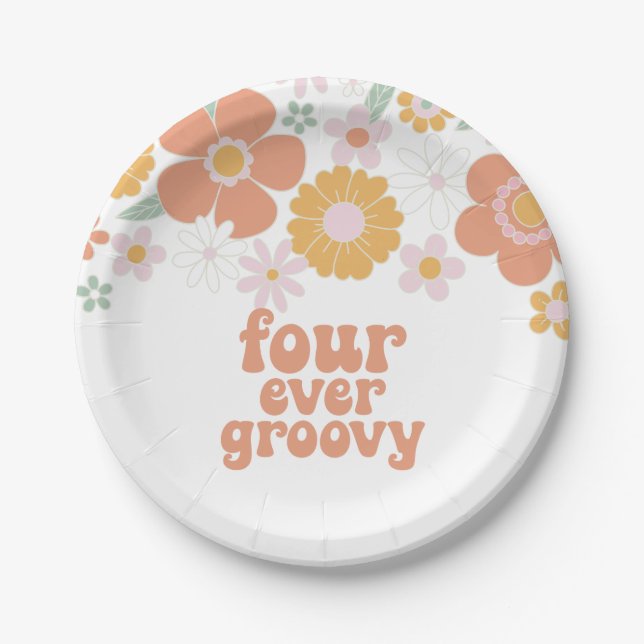 Retro Floral Four ever groovy  4th birthday Paper Plate (Front)