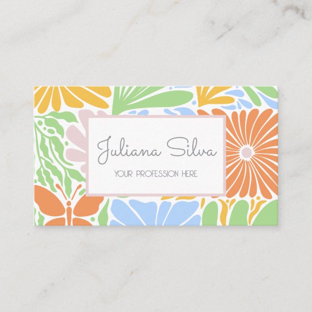 Retro Floral Frame Colourful  Business Card (Front)