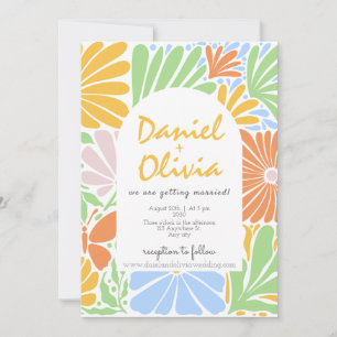 Retro Floral Frame Colourful Wedding Invitation