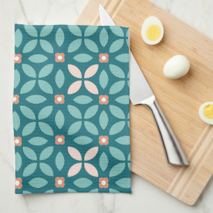 Retro Floral Geo Pattern Teal, Peach, Burnt Orange Tea Towel