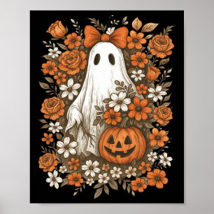 Retro Floral Ghost Cute Pumpkin Autumn Halloween W Poster