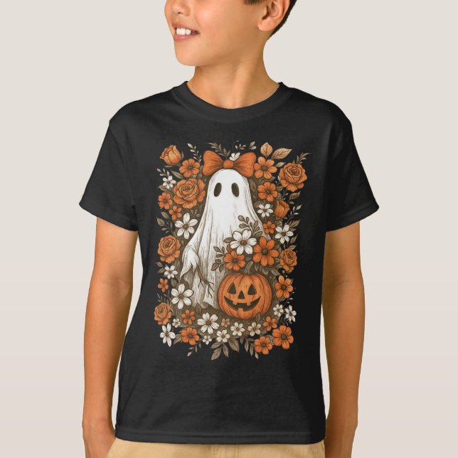 Retro Floral Ghost Cute Pumpkin Autumn Halloween W T-Shirt (Front)