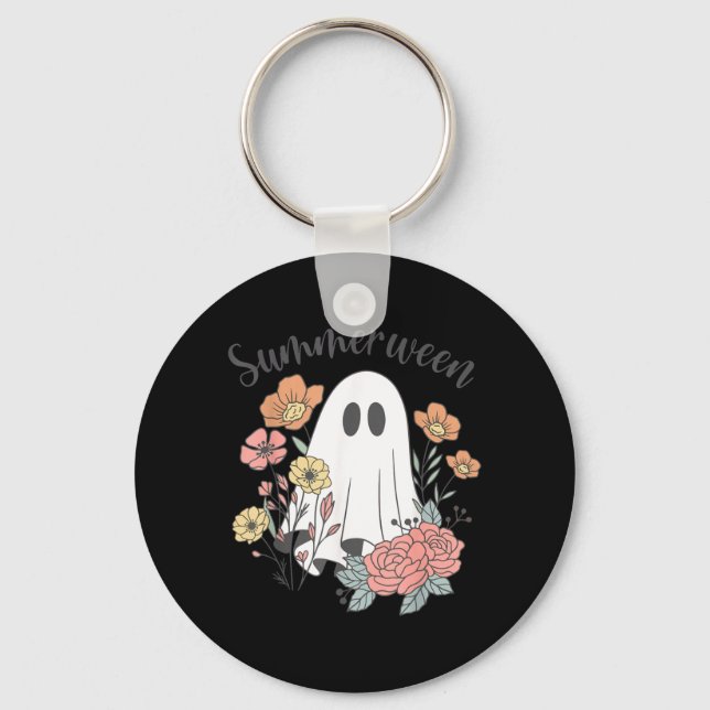 Retro Floral Ghost Summerween Spooky Season Summer Key Ring (Front)