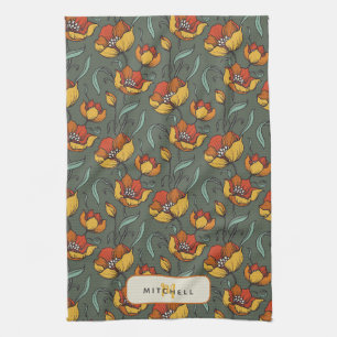 Retro Floral Green Gold Orange Personalised Tea Towel