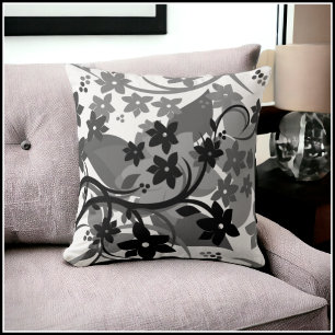 [Retro Floral] Grey Grey Botanical Graphic Design Cushion
