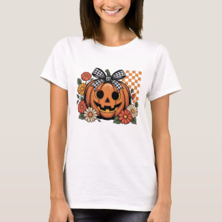 Retro Floral Halloween Pumpkin Buffalo Plaid Bow T-Shirt