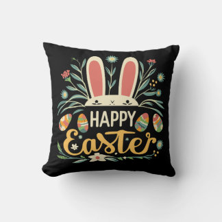 Retro Floral Happy Easter Bunny Boho Spring Cushion