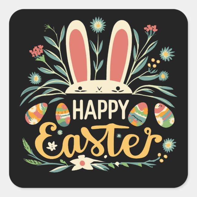 Retro Floral Happy Easter Bunny Boho Spring Square Sticker (Front)