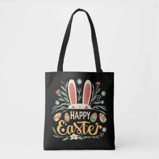 Retro Floral Happy Easter Bunny Boho Spring Tote Bag