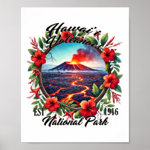 Retro Floral Hawaii Volcanoes National Park Campin Poster