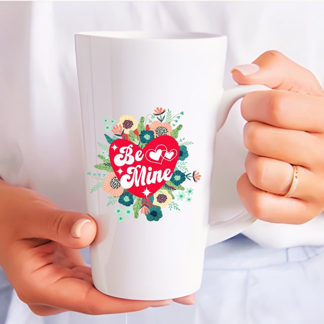 Retro Floral Heart Be Mine Red Valentine's Day Latte Mug (Creator Uploaded)